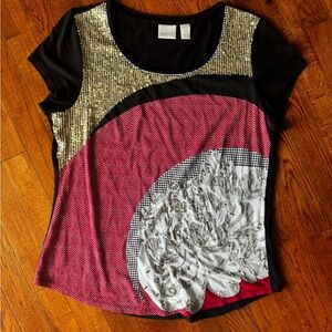 Chico's Black, Red, and Gold Short Sleeve Top